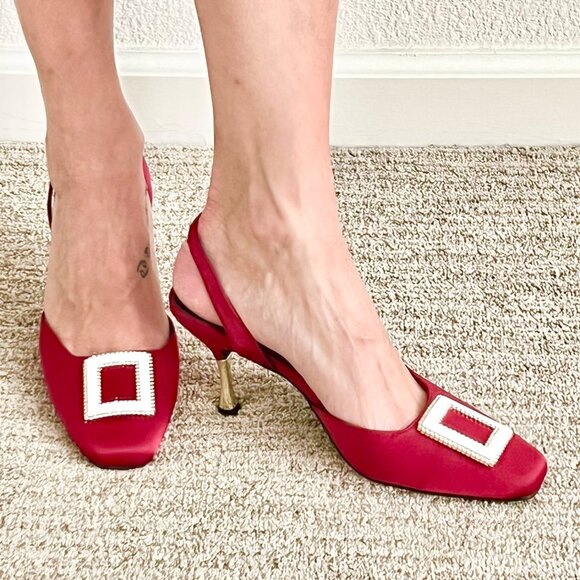 Women's 8US Jewel Tone Red Slingback Square Toe Buckle Embellished Stiletto Heel - Picture 2 of 8